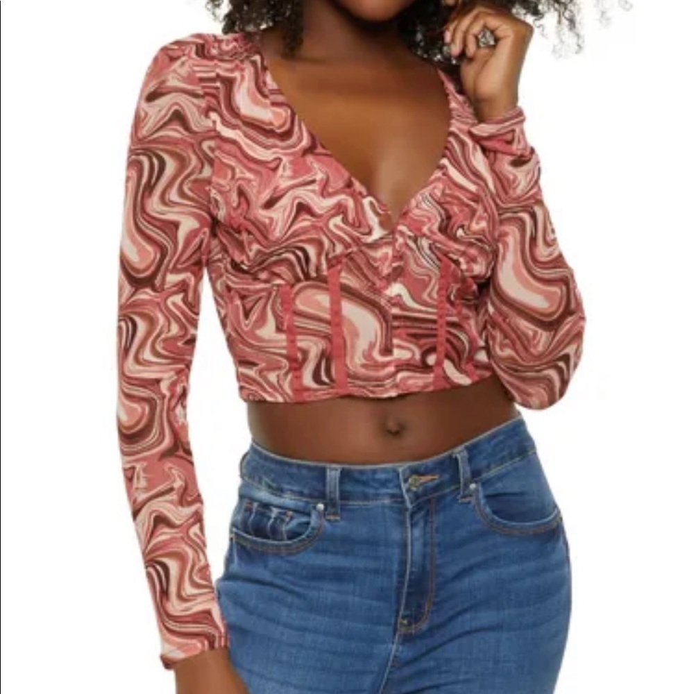 Red Swirl Printed V Neck Corset Top with Hook and Eye Closures